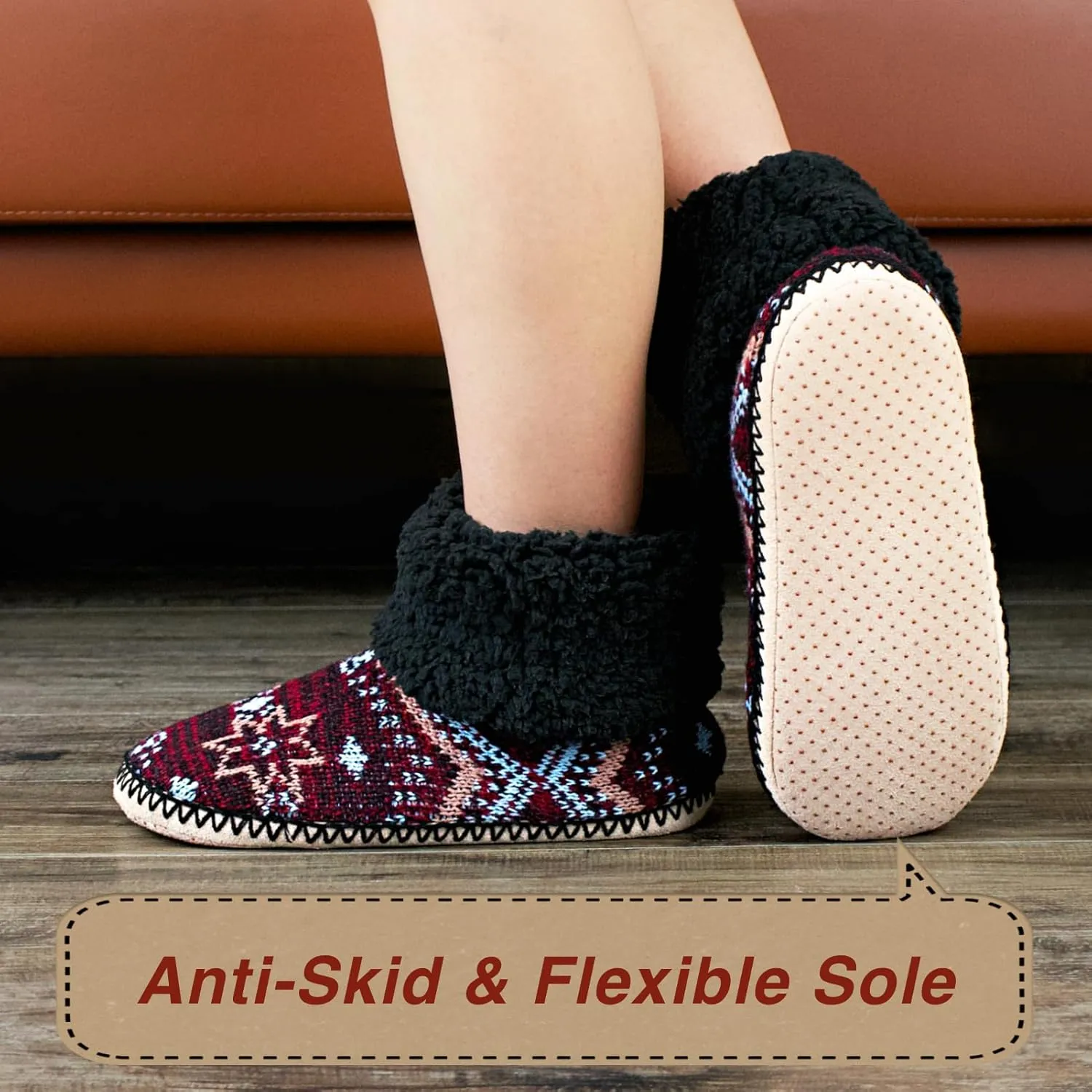 Cable Knit House Slippers for Women Indoor, Sherpa Fleece Lined Soft Loafer Shoes, Winter Warm Fluffy Bedroom Fuzzy Socks Non-slip Grippers, Cozy Gifts Unique