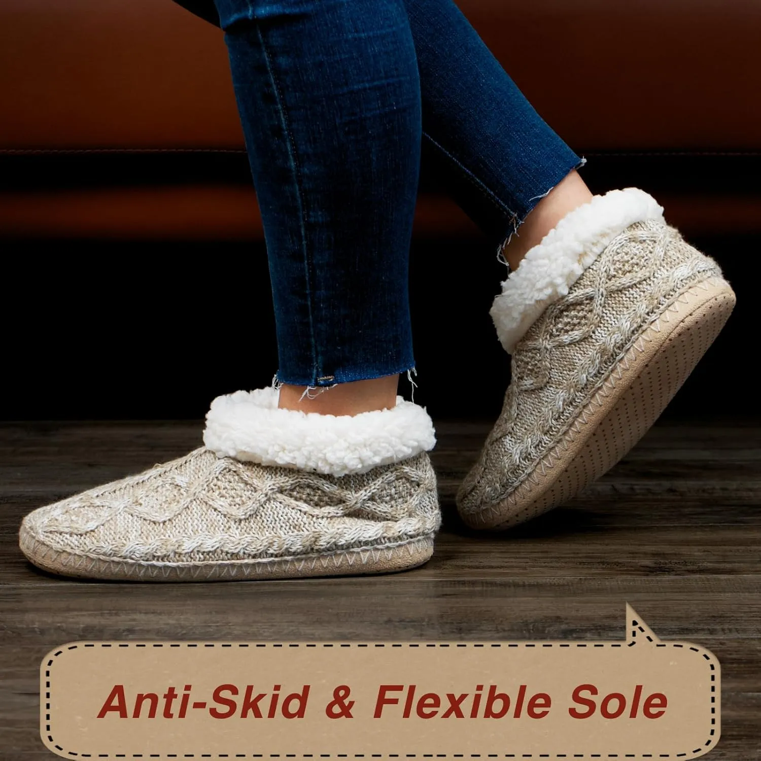 Cable Knit House Slippers for Women Indoor, Sherpa Fleece Lined Soft Loafer Shoes, Winter Warm Fluffy Bedroom Fuzzy Socks Non-slip Grippers, Cozy Gifts Unique