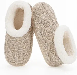 Cable Knit House Slippers for Women Indoor, Sherpa Fleece Lined Soft Loafer Shoes, Winter Warm Fluffy Bedroom Fuzzy Socks Non-slip Grippers, Cozy Gifts Unique
