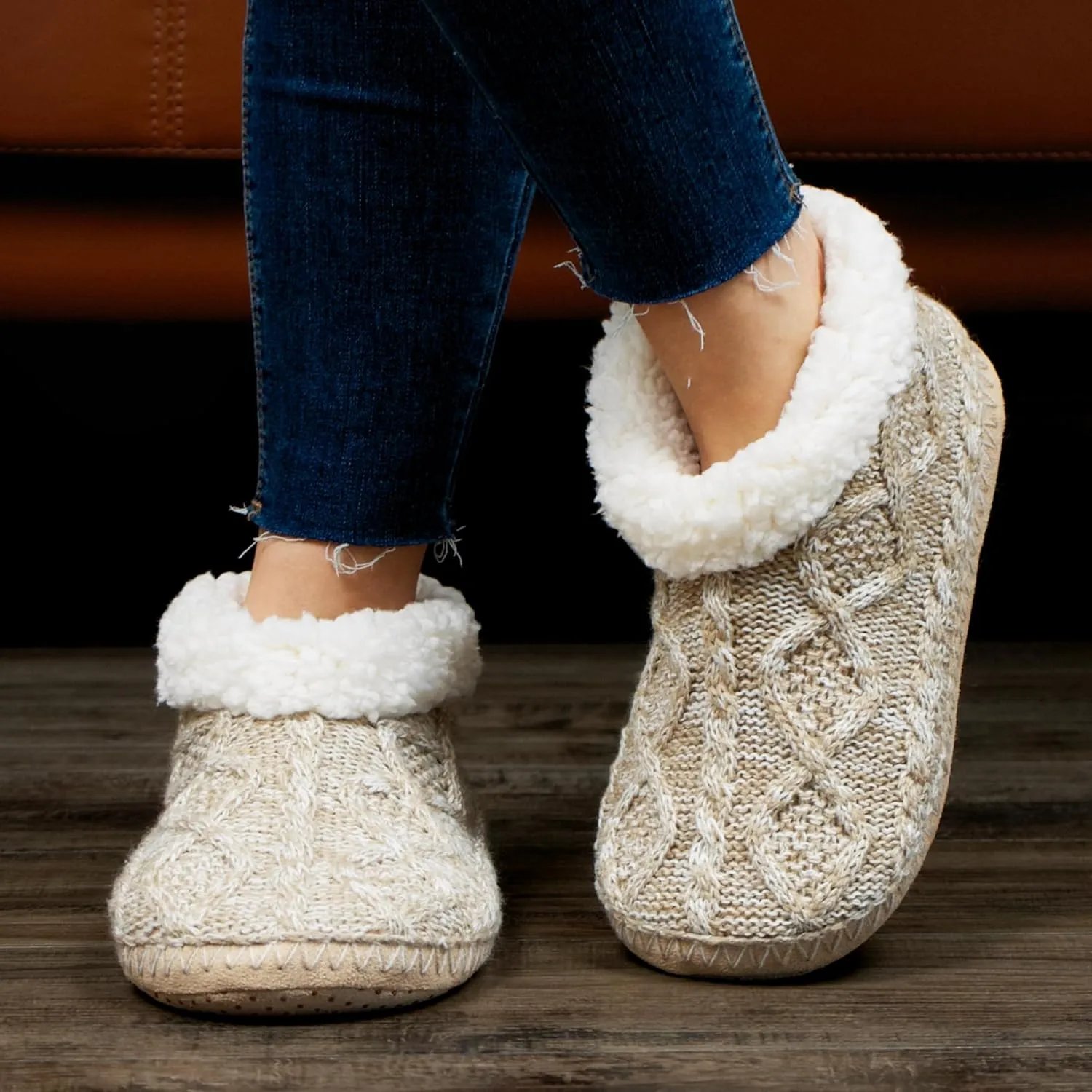 Cable Knit House Slippers for Women Indoor, Sherpa Fleece Lined Soft Loafer Shoes, Winter Warm Fluffy Bedroom Fuzzy Socks Non-slip Grippers, Cozy Gifts Unique