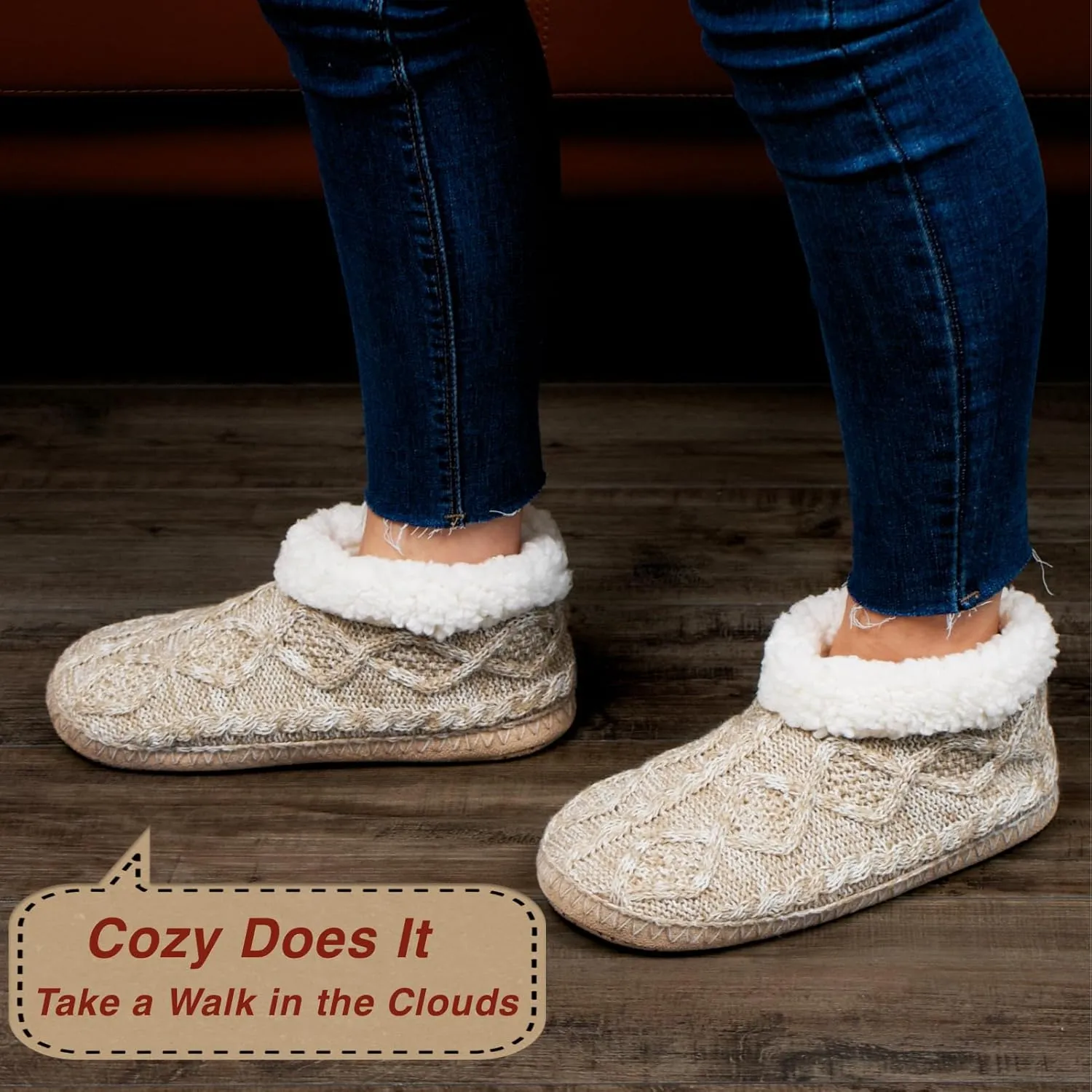 Cable Knit House Slippers for Women Indoor, Sherpa Fleece Lined Soft Loafer Shoes, Winter Warm Fluffy Bedroom Fuzzy Socks Non-slip Grippers, Cozy Gifts Unique