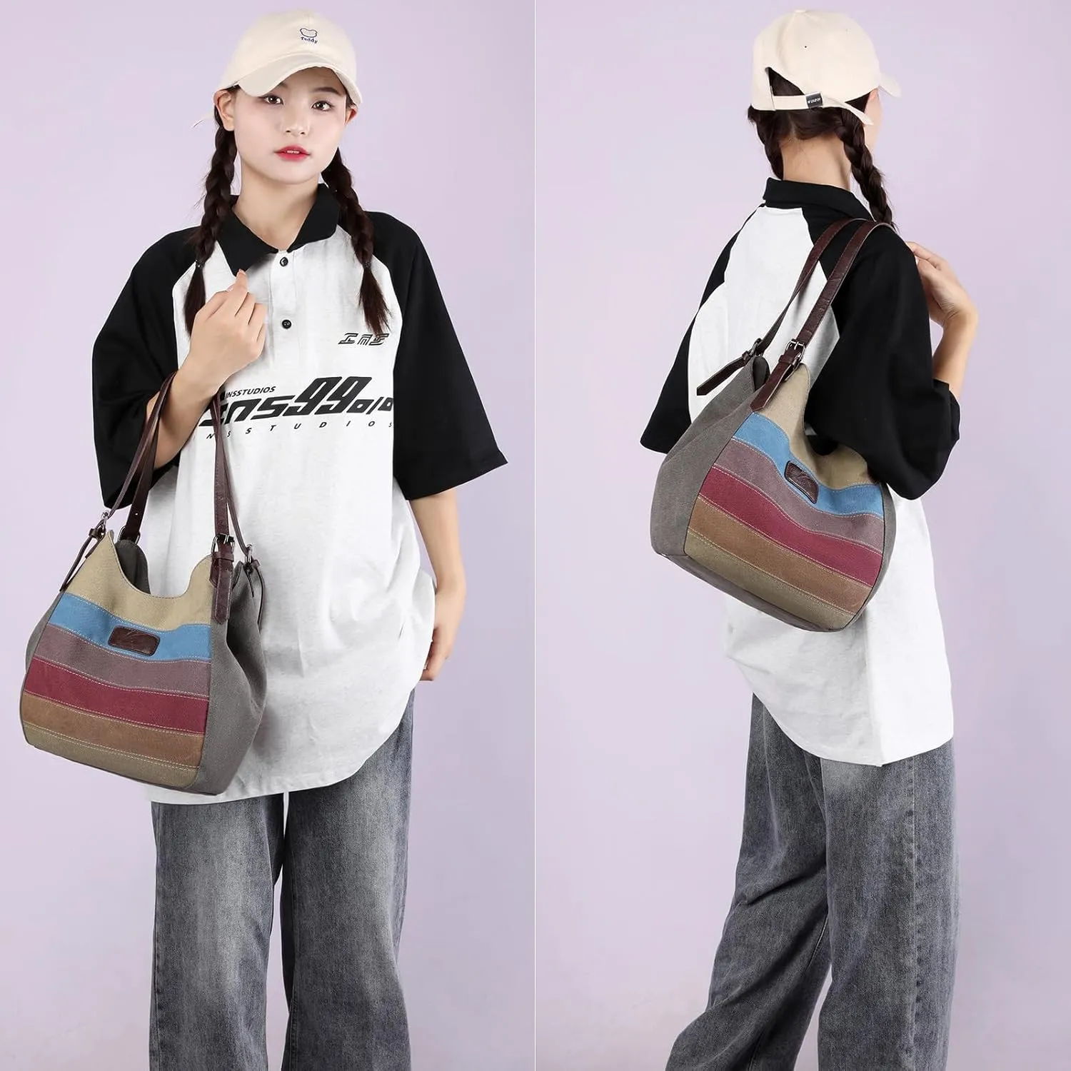 Canvas Tote Purse Shoulder Crossbody Bag for Women, Vintage Small Handbag Multi Pocket Purses Top Handle Work Bags