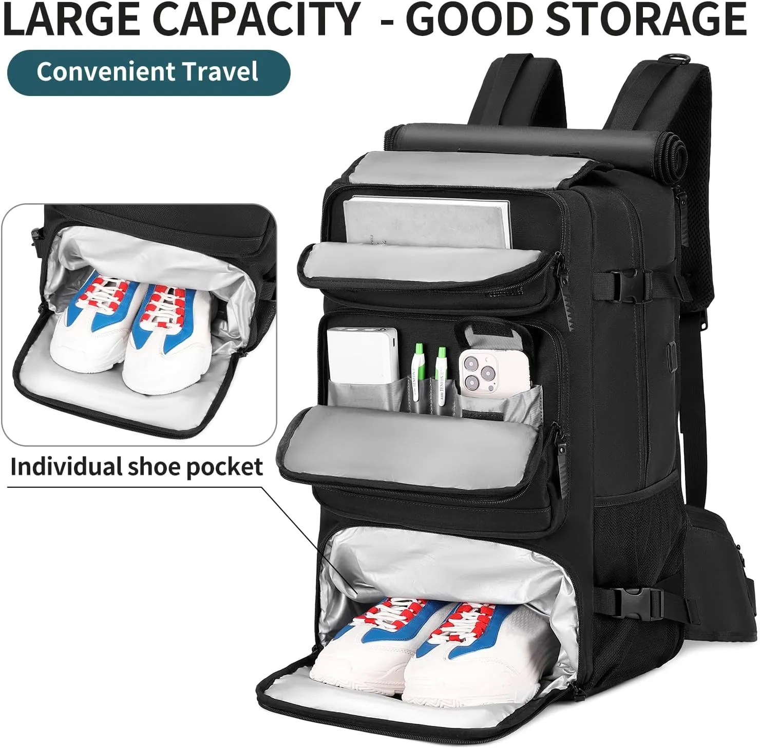 Carry on Travel Backpack for Men Airline Approved Duffle Backpack Convertible Nylon Luggage Bag Black
