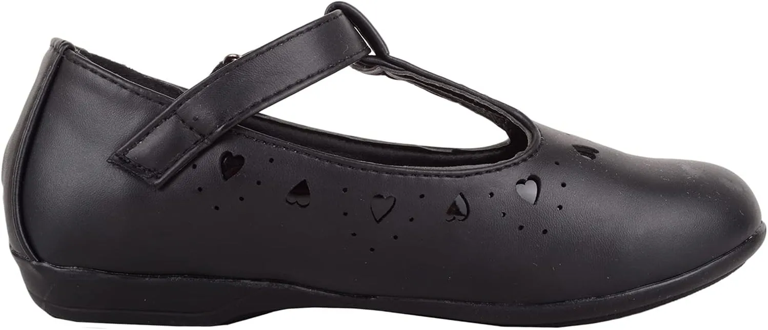 Childrens Kids Girls Slip On T-Bar Smart Formal Faux Leather School Shoes with Heart Design