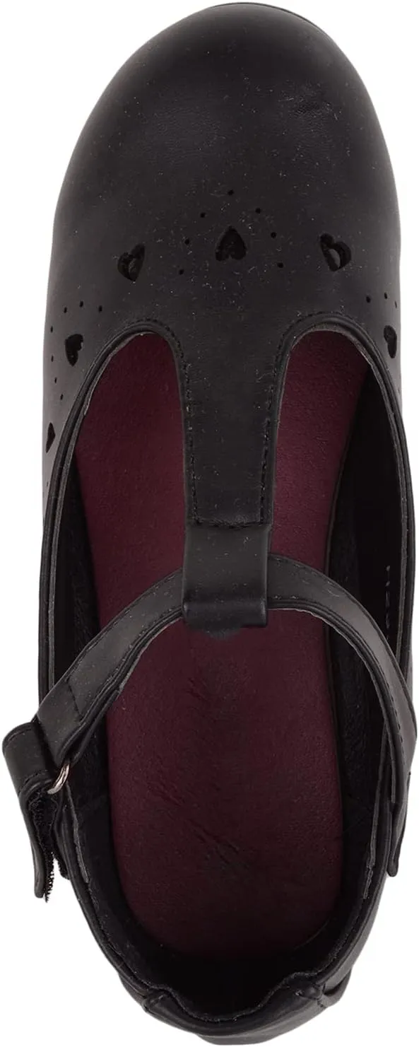 Childrens Kids Girls Slip On T-Bar Smart Formal Faux Leather School Shoes with Heart Design