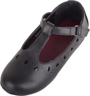 Childrens Kids Girls Slip On T-Bar Smart Formal Faux Leather School Shoes with Heart Design