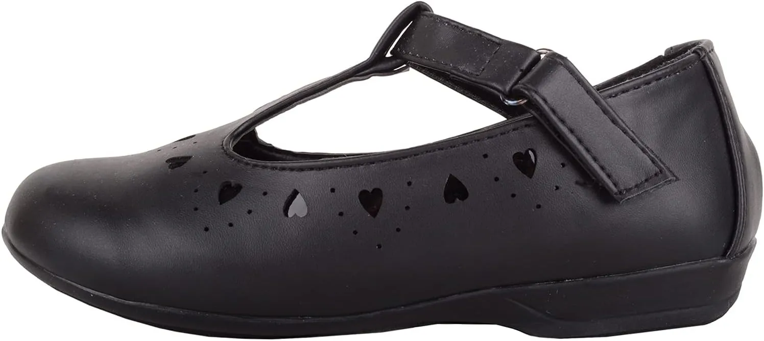 Childrens Kids Girls Slip On T-Bar Smart Formal Faux Leather School Shoes with Heart Design
