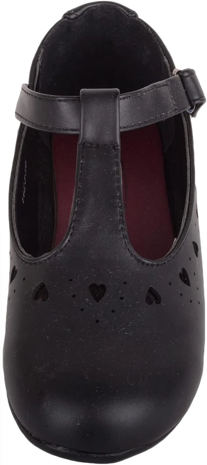 Childrens Kids Girls Slip On T-Bar Smart Formal Faux Leather School Shoes with Heart Design