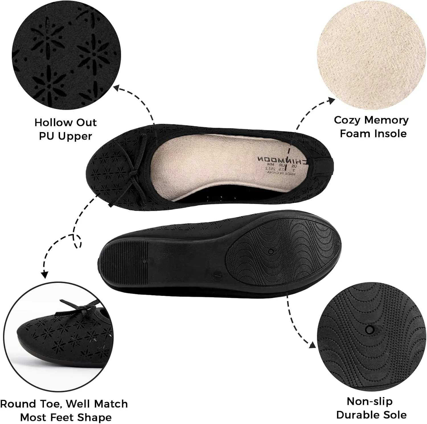 CHIN·MOON Women's Slip-Ons Ballet Flats Comfortable Lightweight Casual Dress Shoes
