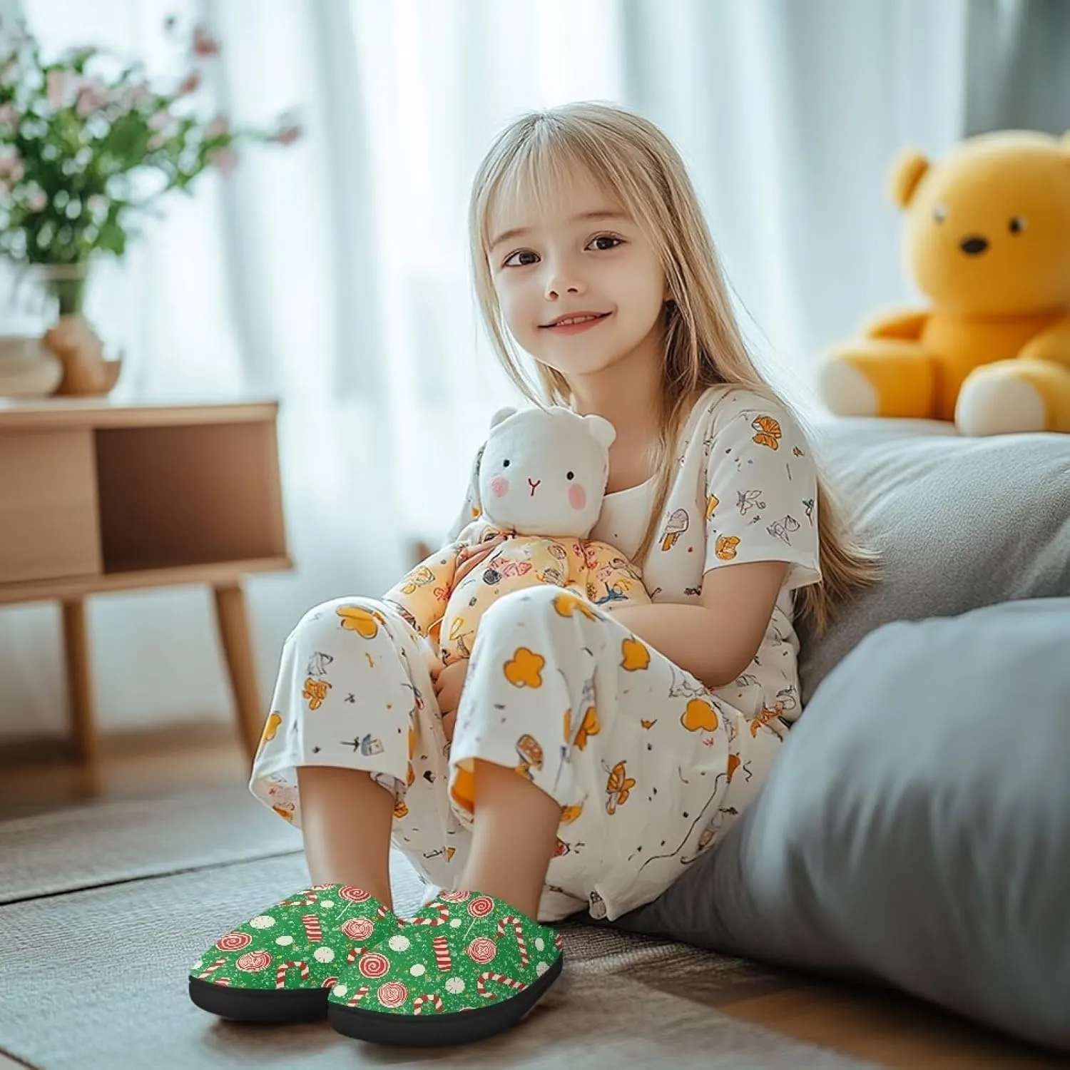 Christmas Kids Fuzzy Warm House Slippers for Girls Non Slip Rubber Sole Home Slippers for Toddlers Size 9-15