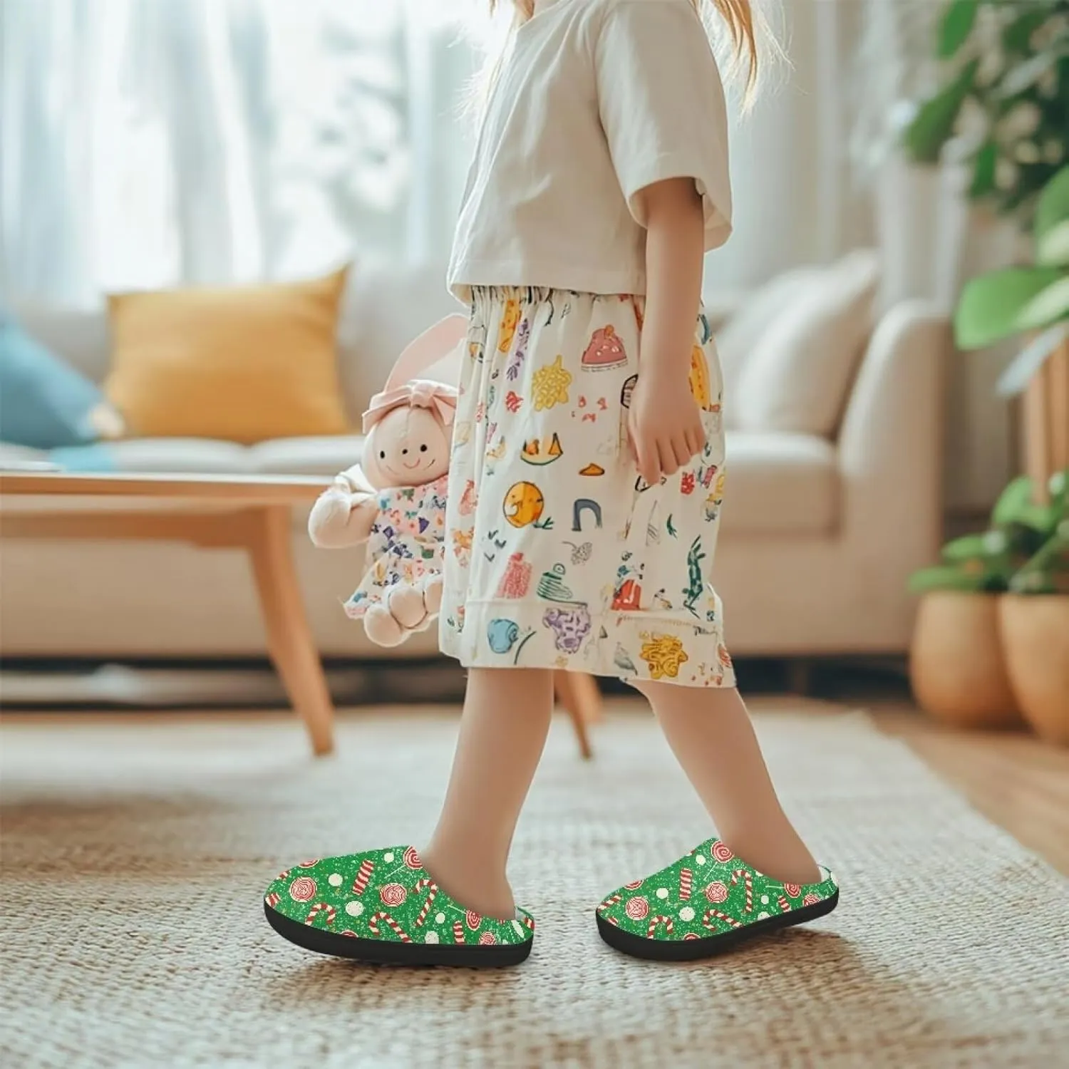 Christmas Kids Fuzzy Warm House Slippers for Girls Non Slip Rubber Sole Home Slippers for Toddlers Size 9-15