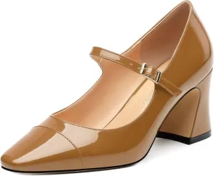 Chunky Block Heels for Women Square Patent Mary Jane Closed Toe Slip On Pumps Party Dress Wedding Shoes 2.5Inch
