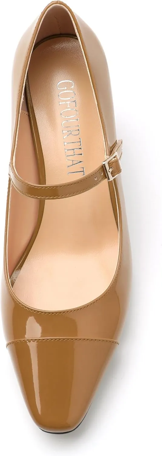 Chunky Block Heels for Women Square Patent Mary Jane Closed Toe Slip On Pumps Party Dress Wedding Shoes 2.5Inch