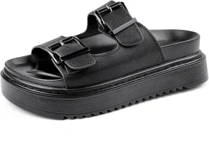 Chunky Platform Sandals for Women, Waterproof Non-Slip Rubber Sole, Adjustable Double Buckle, Arch Support Open Toe Slide Sandals, Comfortable Black Wedge Sandals for Women