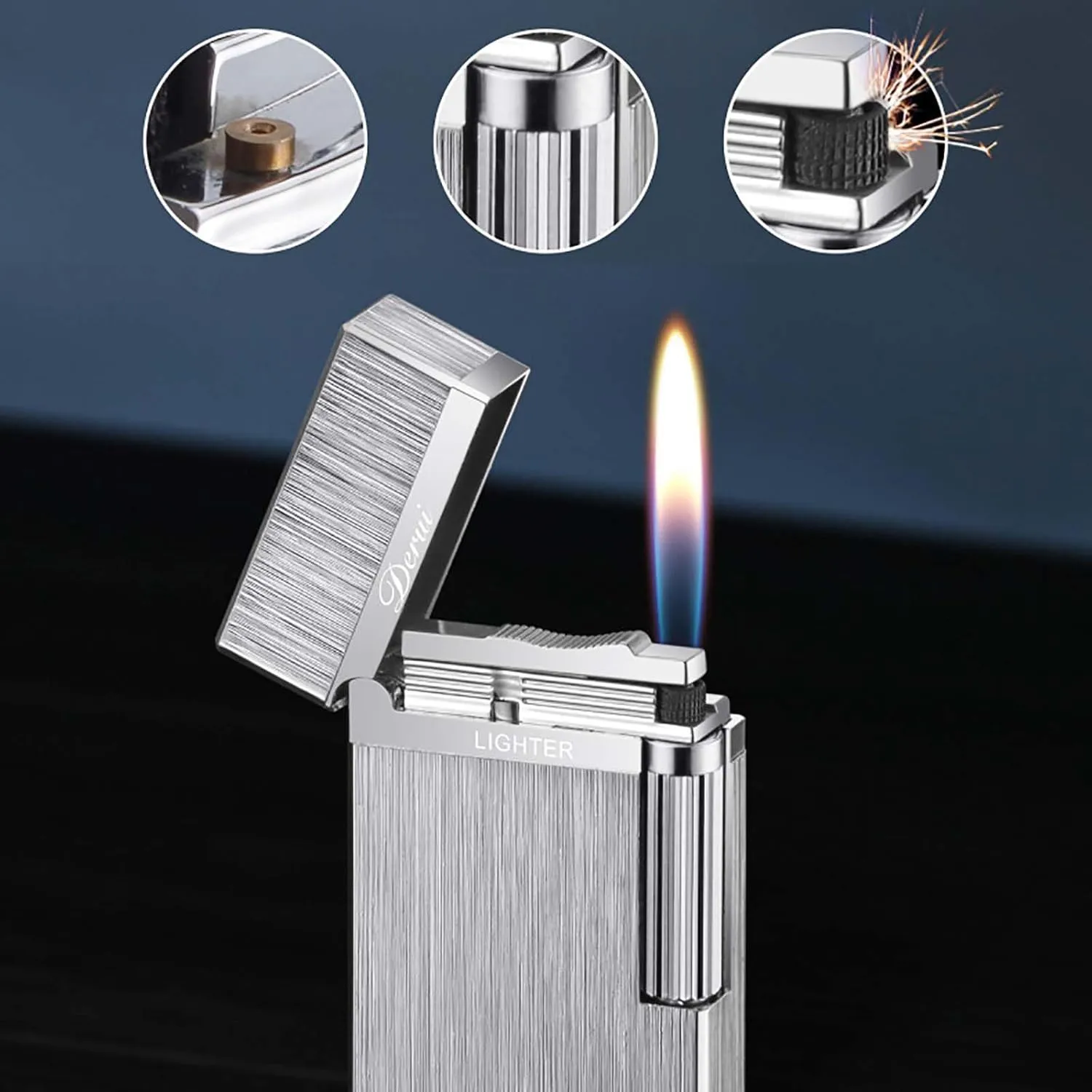 Classic Lighter, Butane Brushed Metal Lighter, Side Slide Lgnition Steel Tone Trench Lighter for Men Dad Husband Gift Collect,Silver