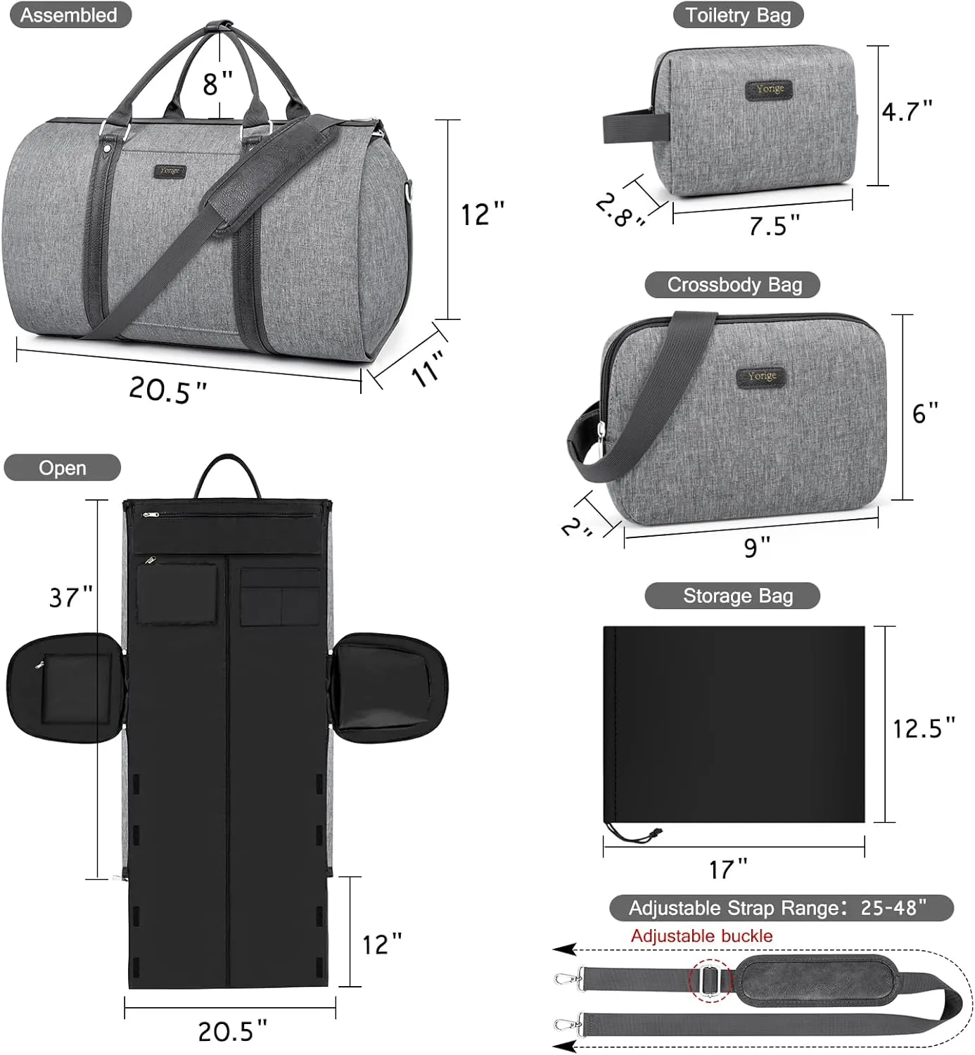 Convertible Garment Duffle Bags for Travel - Carry on Garment Bag for Men Women Large Travel Duffel Bag with Crossbody Bag 4pcs Set, 2 in 1 Hanging Suit Dress Clothes Travel Bag