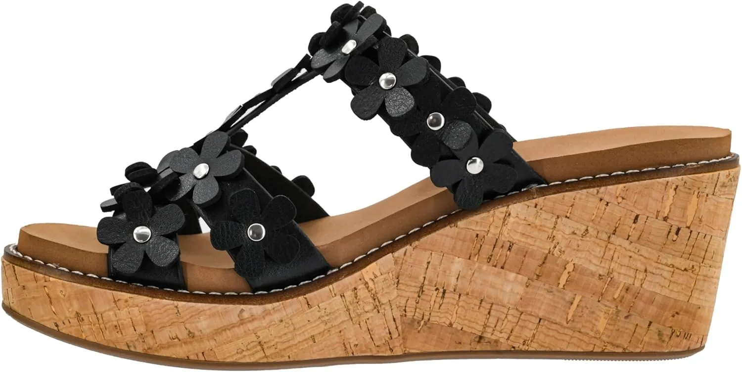 Corkys Footwear Mic Drop 2.5-inch Strappy Wedge Sandals - Floral Strap Details & Comfortable EVA Insoles