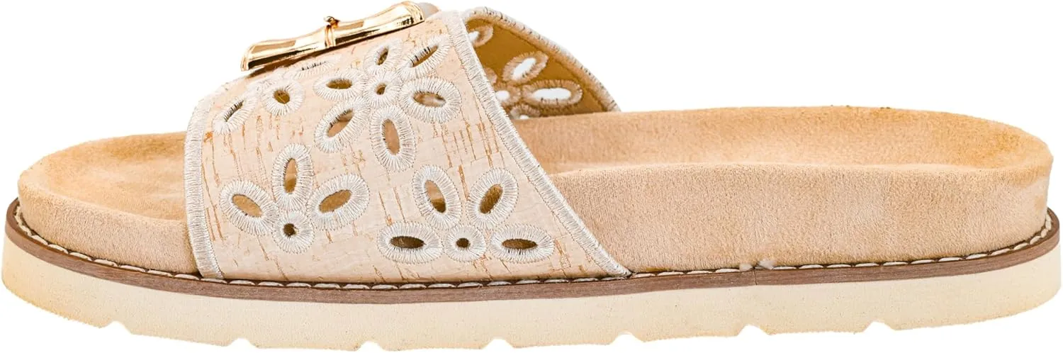 Corkys Footwear Women's Slid In My DM Slip-On Sandals – Comfortable, Cushioned, Lightweight, Floral Detail, Versatile Summer Style Natural Size 10