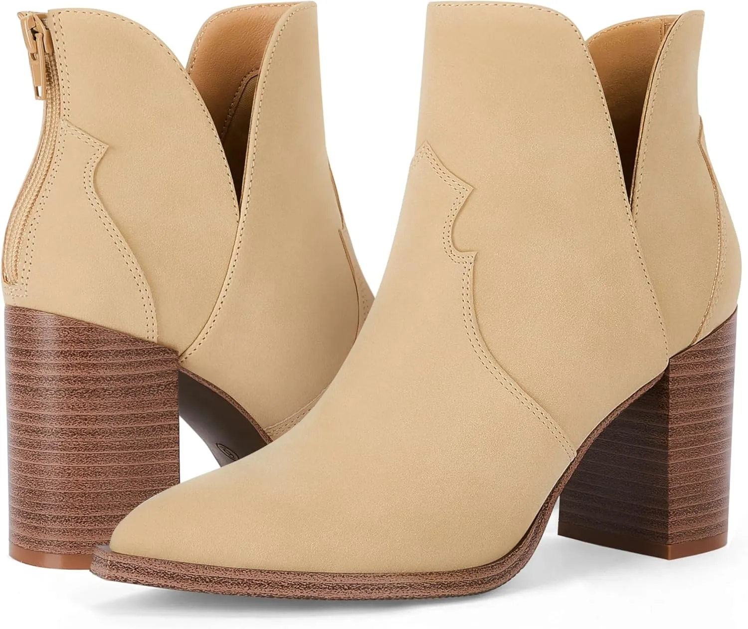 Coutgo Womens Cutout Ankle Boots Pointed Toe Chunky Heel Booties Back Zipper Slip on Western Boot Shoes