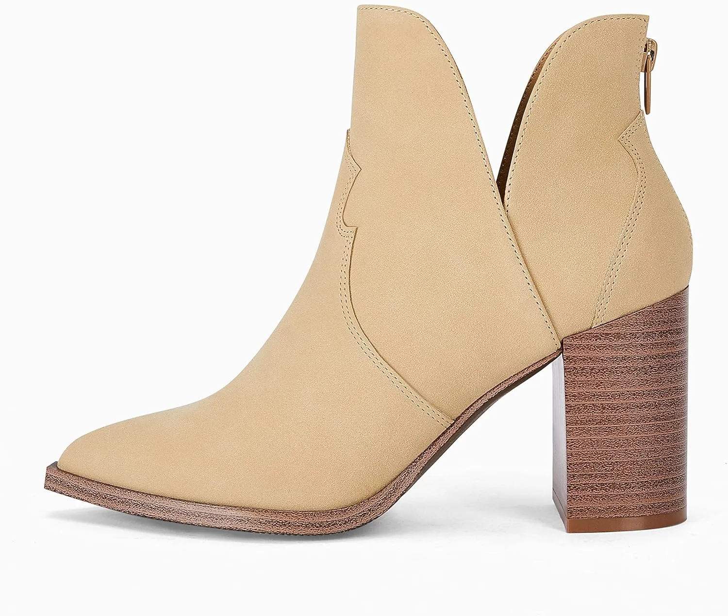 Coutgo Womens Cutout Ankle Boots Pointed Toe Chunky Heel Booties Back Zipper Slip on Western Boot Shoes