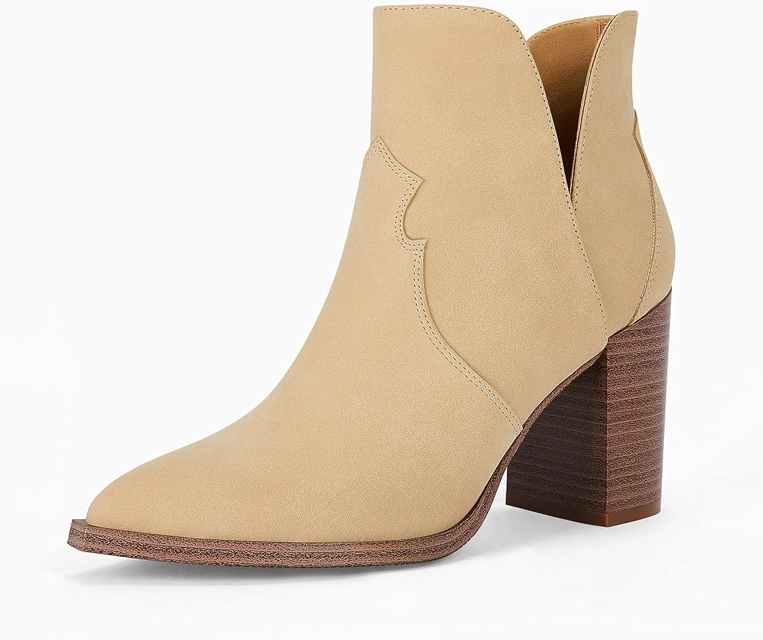 Coutgo Womens Cutout Ankle Boots Pointed Toe Chunky Heel Booties Back Zipper Slip on Western Boot Shoes