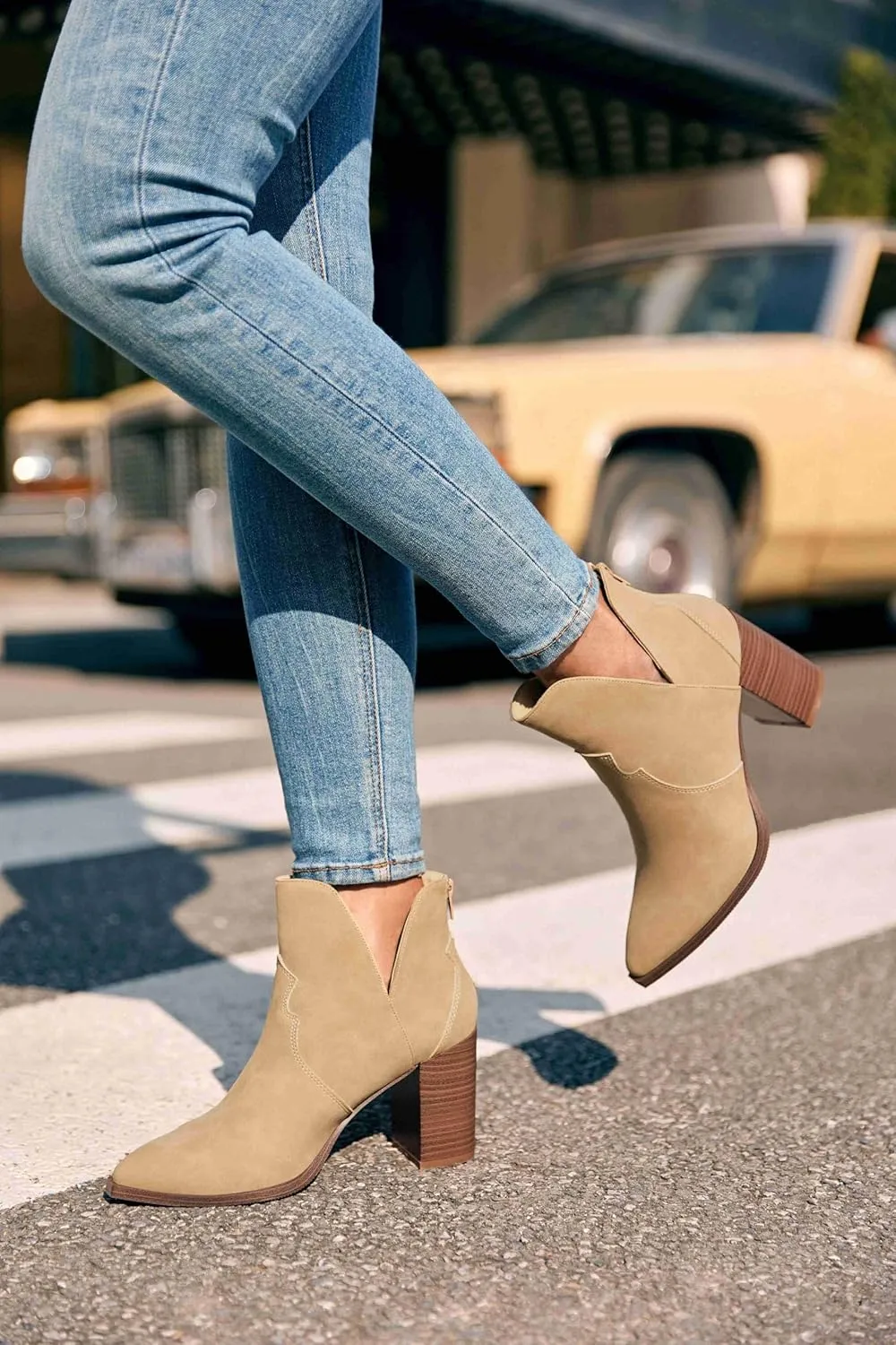 Coutgo Womens Cutout Ankle Boots Pointed Toe Chunky Heel Booties Back Zipper Slip on Western Boot Shoes