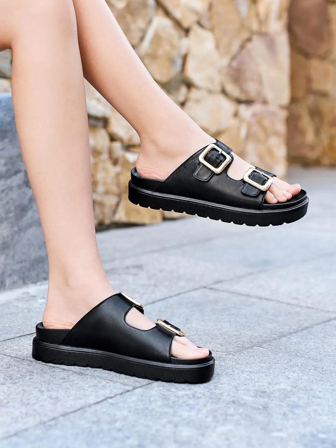 Coutgo Womens Platform Sandals Comfortable Arch Support Slip on Flat Slides Buckle Summer Beach Sandal Shoes