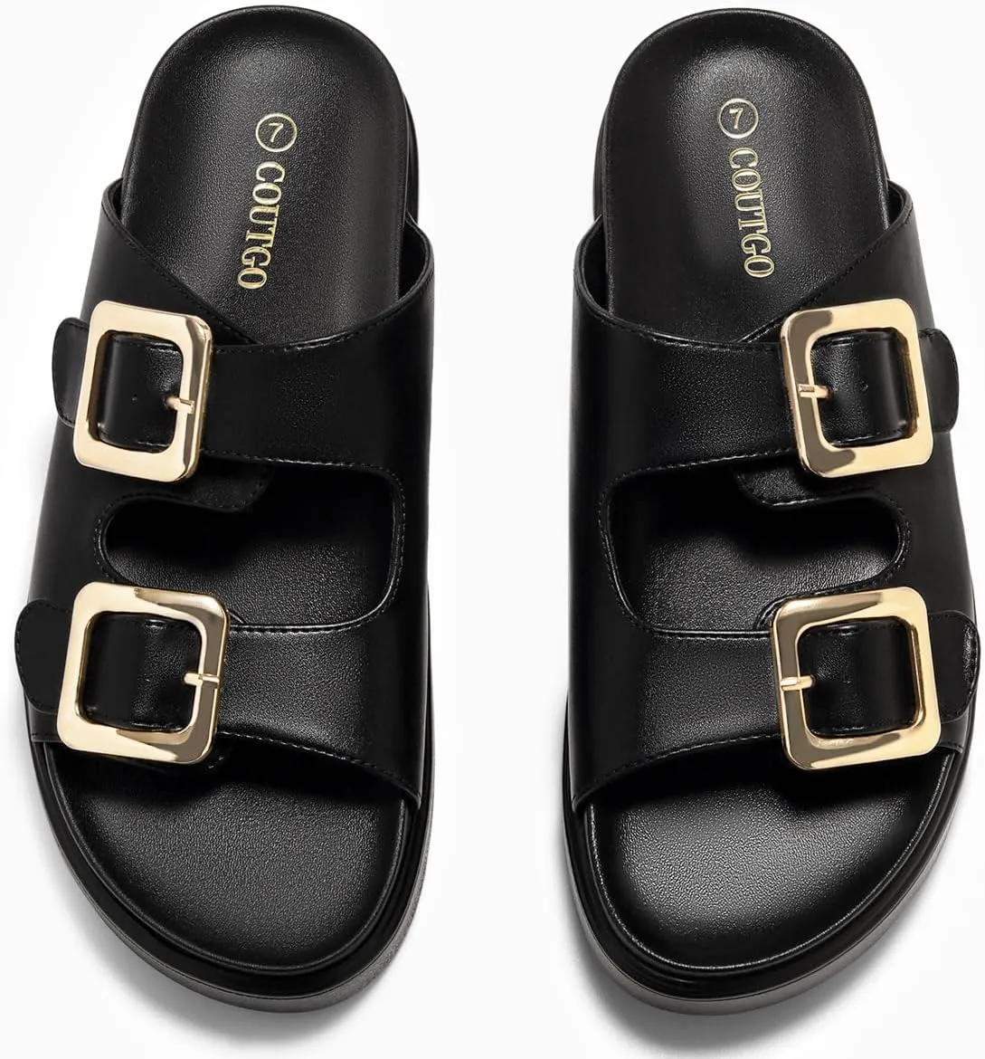 Coutgo Womens Platform Sandals Comfortable Arch Support Slip on Flat Slides Buckle Summer Beach Sandal Shoes