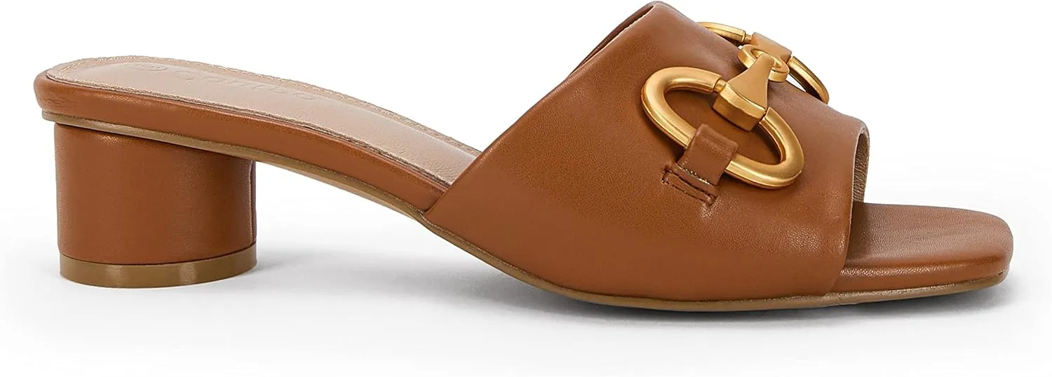 Coutgo Women's Slide Sandals Square Open Toe Slip on Comfortable Mules Block Low Heel Metal Chain Dressy Shoes