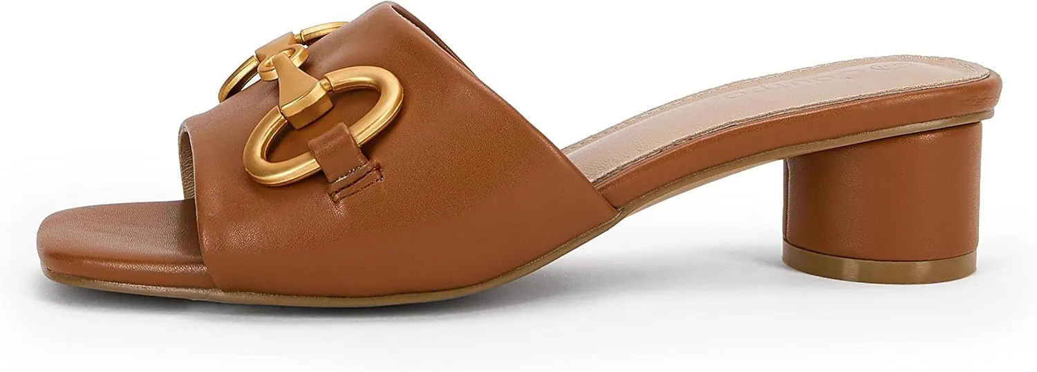 Coutgo Women's Slide Sandals Square Open Toe Slip on Comfortable Mules Block Low Heel Metal Chain Dressy Shoes