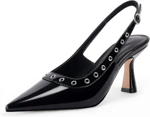 Coutgo Womens Slingback Kitten Heels Studded Closed Pointed Toe Slip On Leather Pumps Work Dress Shoes