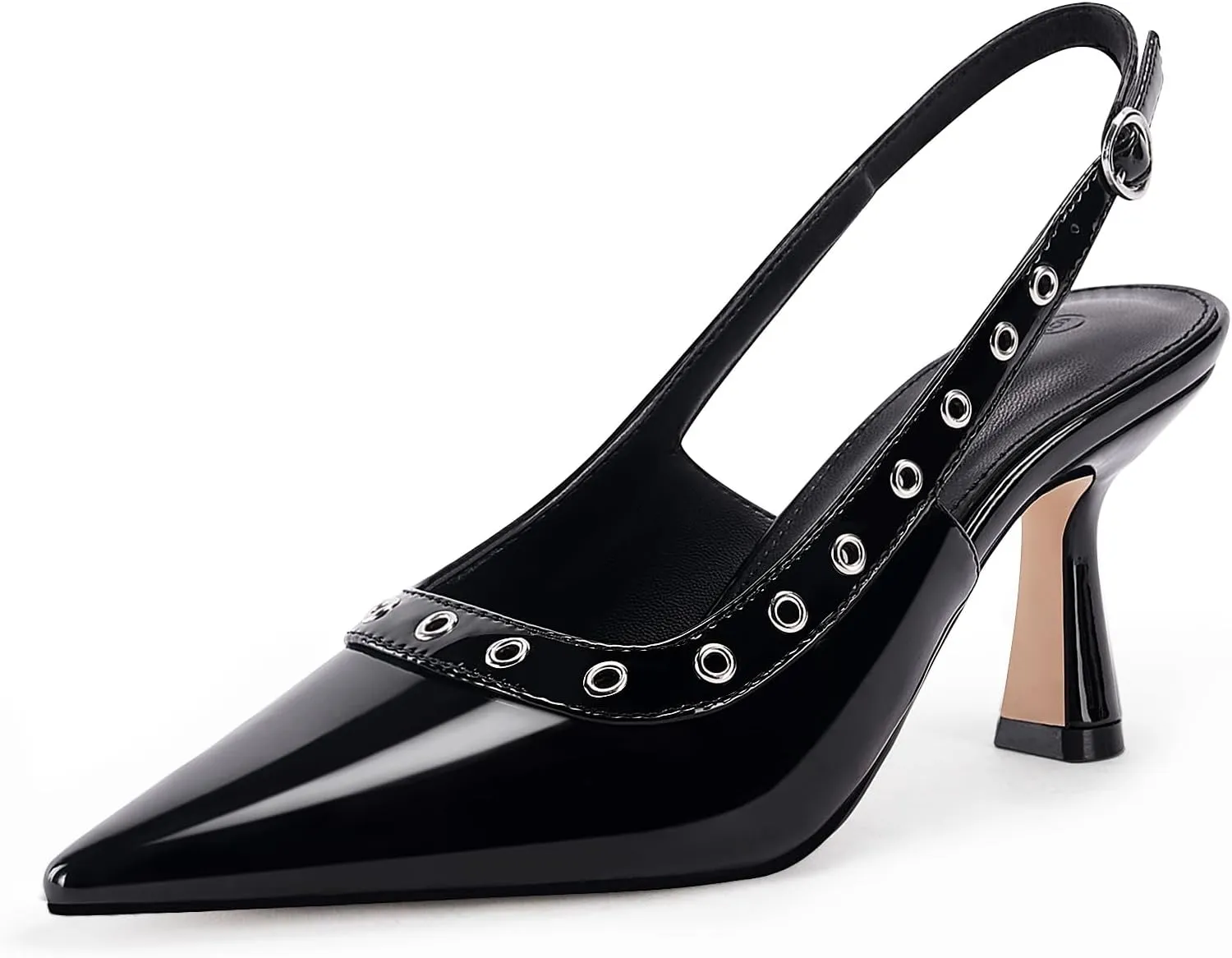 Coutgo Womens Slingback Kitten Heels Studded Closed Pointed Toe Slip On Leather Pumps Work Dress Shoes