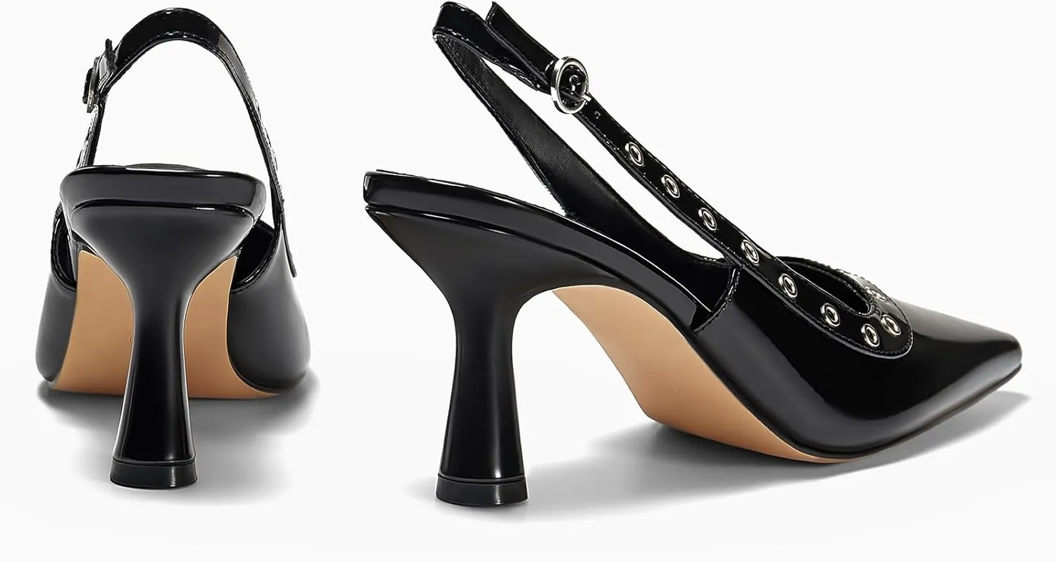 Coutgo Womens Slingback Kitten Heels Studded Closed Pointed Toe Slip On Leather Pumps Work Dress Shoes