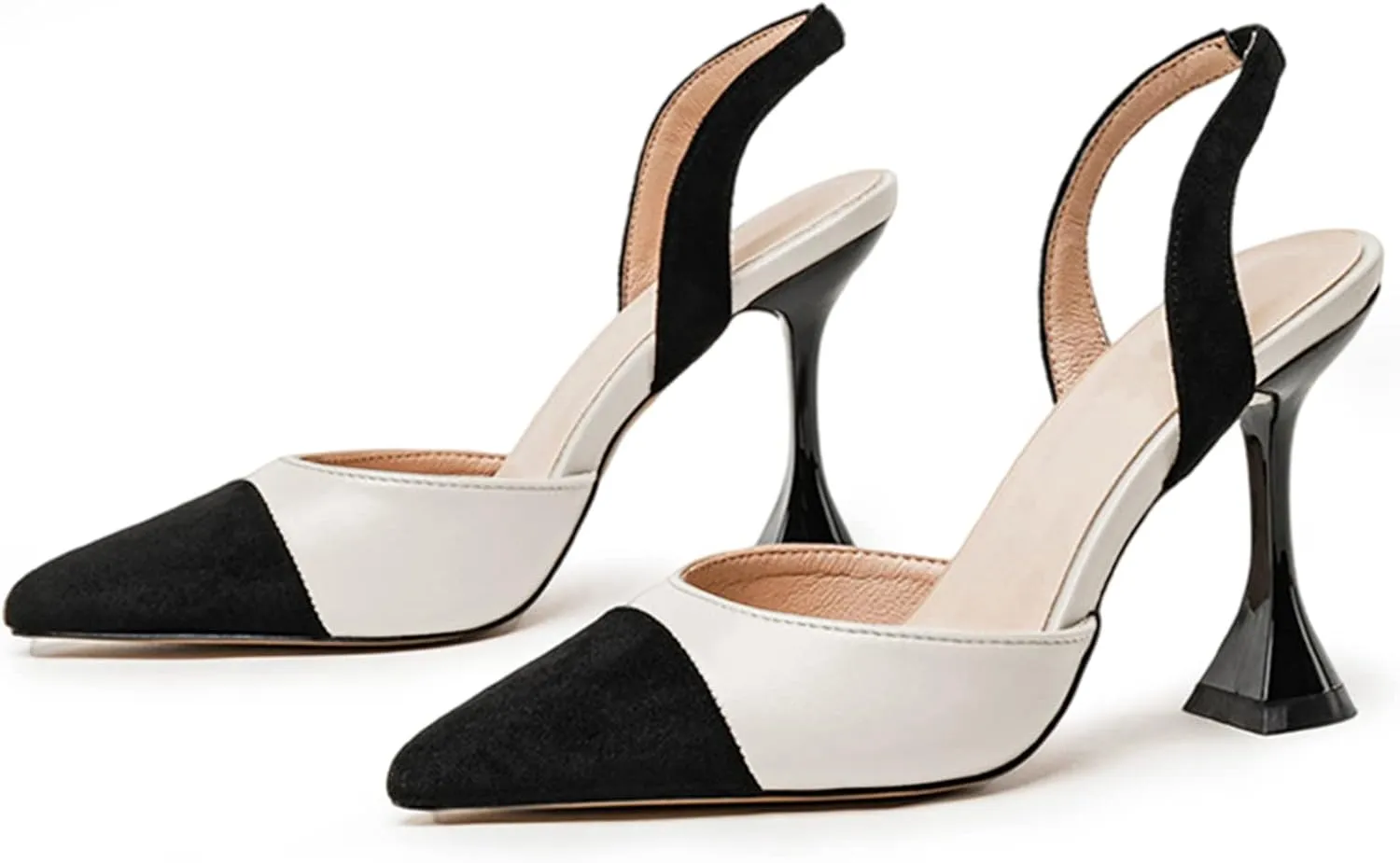 Coutgo Women's Slingback Pumps Pointed Toe Slip On Stiletto Heels Patchwork Dress Party Shoes