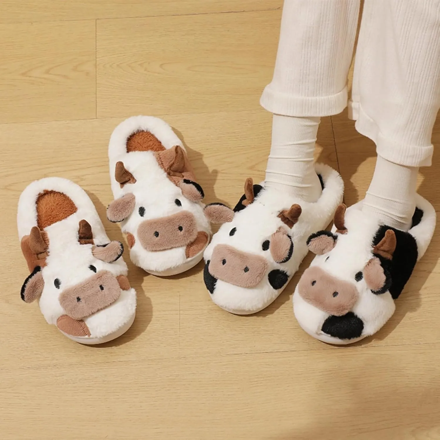 Cow Slippers for Women Men Indoor Cute Cotton Plush Home Couple Slippers Comfy Slides Outdoor Warm Winter Bedroom House Slippers Shoes Cozy Slip On Non-Slip Fuzzy Slippers
