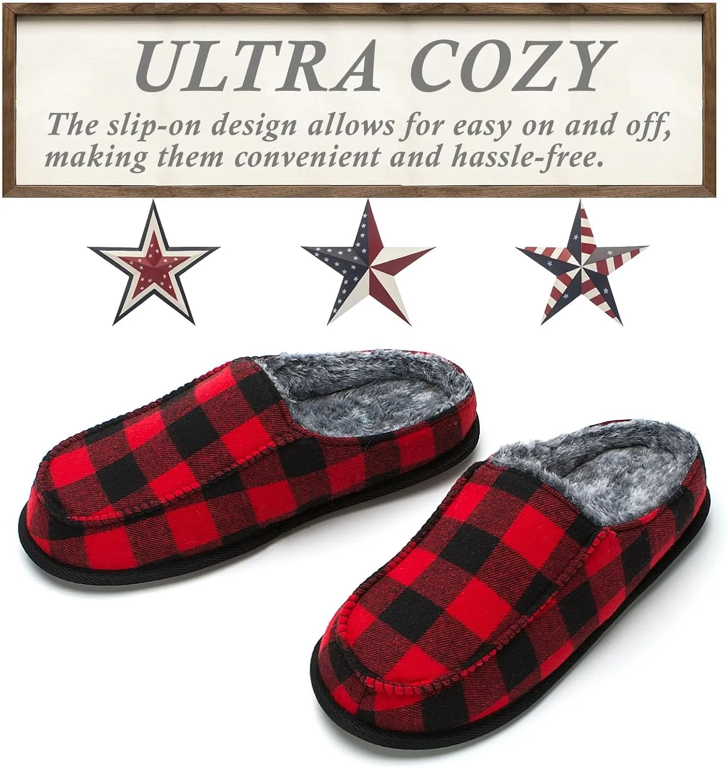 Cozylook Men's Slip-on Slippers, Memory Foam Padded House Moccasins, Non-Slip Sole Indoor/Outdoor, Soft Plush Lining, Cozy Gifts, Sizes 8-15
