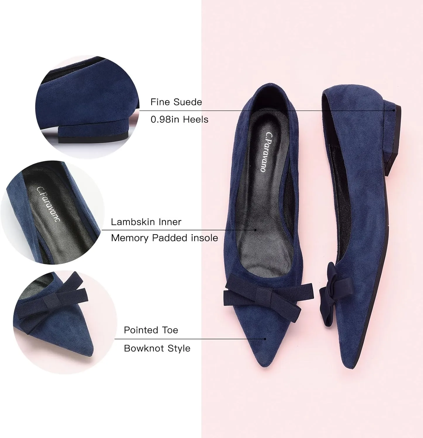 C.Paravano Women's Suede Bow Knot Ballet Flats Pointed Toe Slip-On Comfort Shoes for Casual & Formal Wear