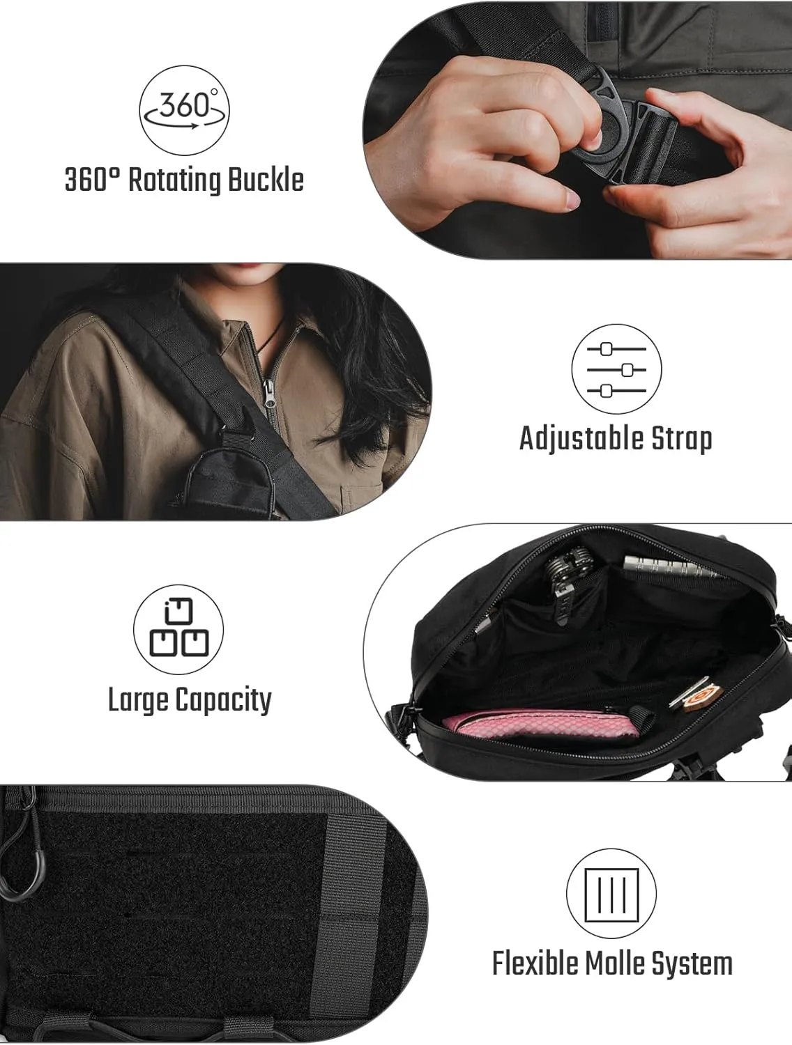 Crossbody Shoulder Bag, Nylon Multipurpose Daypack, Chest Backpack Casual Shoulder for Daily Carry (Black-L3S-CR-Small)