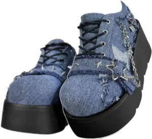 Cute Goth Star Shoes for Women with 2 Charms Chunky Platform Lace-up Thick Soles Round Toe Shoes Kawaii Punk Y2K Aesthetic Lolita Trendy Gifts for Girls with Accessories Including Chains and Stars