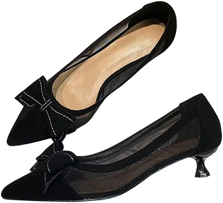 Dear Time Women's Formal Thin Heeled Slip-on Pumps Black Work Shoes,Breathable Sexy Low Heels with Simple Bowknot