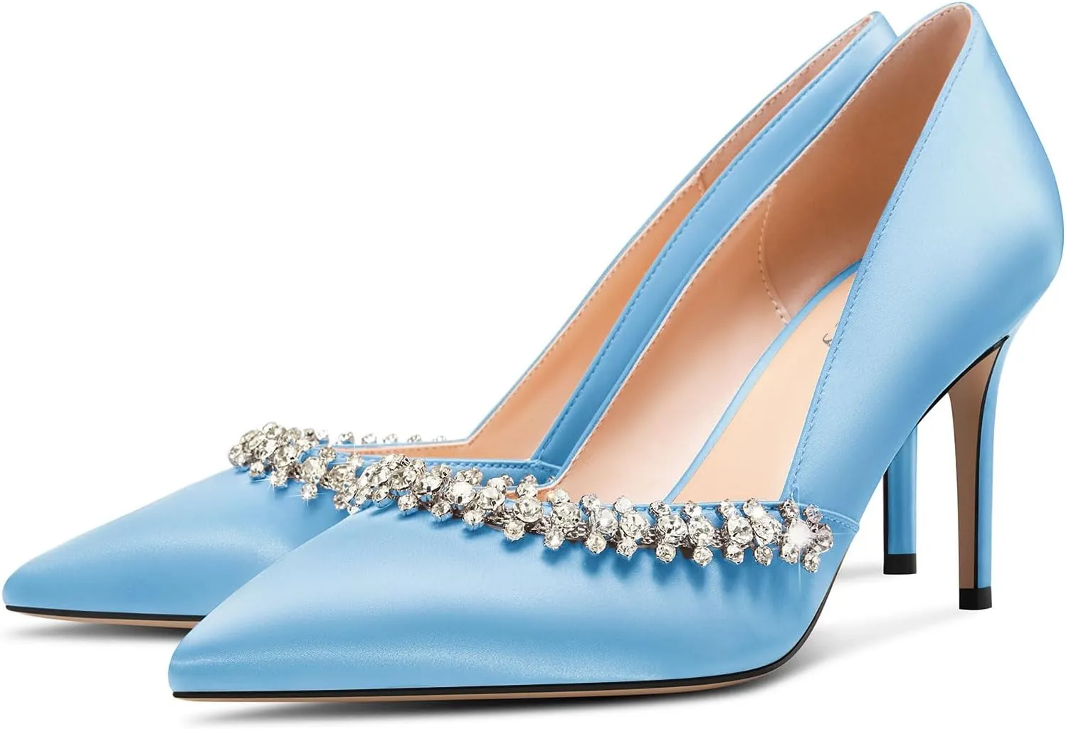 DearOnly Womens Mid Stiletto Heel Close Pointed Toe Slip-on Pumps Glitter Rhinestone Crystal Wedding Prom Shoes 3.2 Inches Heels