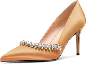DearOnly Womens Mid Stiletto Heel Close Pointed Toe Slip-on Pumps Glitter Rhinestone Crystal Wedding Prom Shoes 3.2 Inches Heels