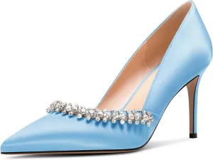 DearOnly Womens Mid Stiletto Heel Close Pointed Toe Slip-on Pumps Glitter Rhinestone Crystal Wedding Prom Shoes 3.2 Inches Heels