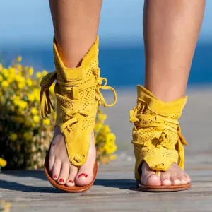Dheva-C Tassel Sandals for Women, Retro Bohemian Fringe Casual Shoes Flat Clip Toe Ankle Boots Beach Sandals T-Strap Roman Open-Toe Sandals (A1-Yellow, 8.5)