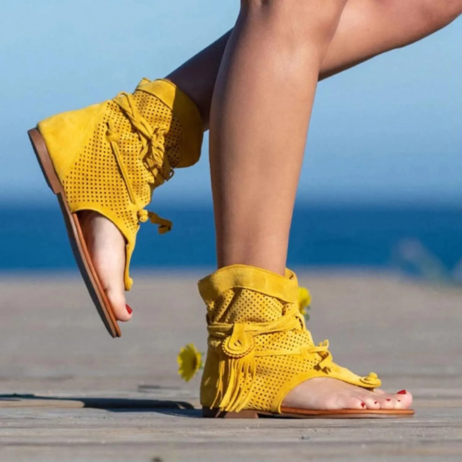 Dheva-C Tassel Sandals for Women, Retro Bohemian Fringe Casual Shoes Flat Clip Toe Ankle Boots Beach Sandals T-Strap Roman Open-Toe Sandals (A1-Yellow, 8.5)