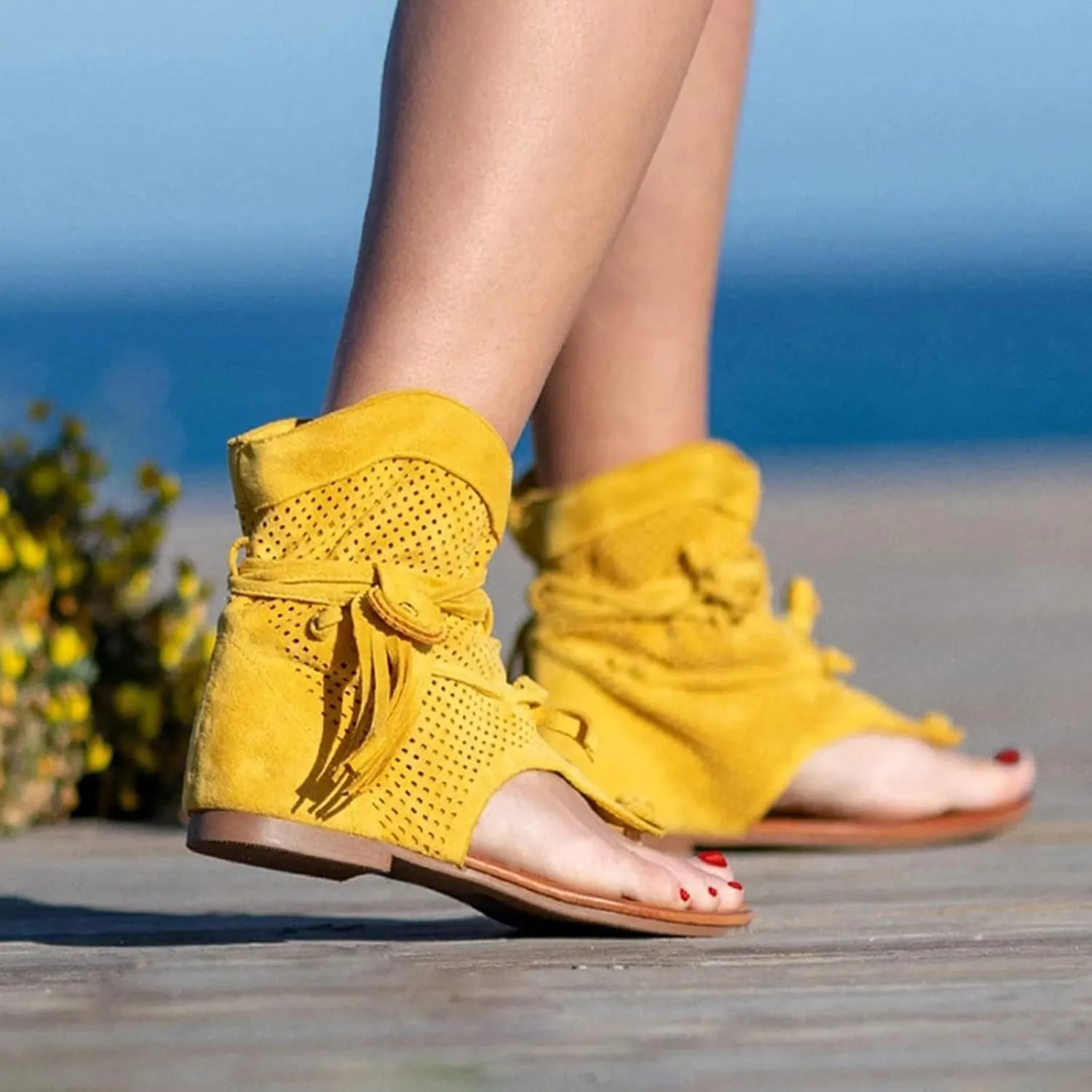 Dheva-C Tassel Sandals for Women, Retro Bohemian Fringe Casual Shoes Flat Clip Toe Ankle Boots Beach Sandals T-Strap Roman Open-Toe Sandals (A1-Yellow, 8.5)