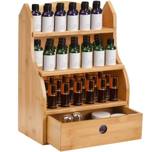 Dicunoy Essential Oils Storage Case, 46 Slots Nail Polish Shelf Display Rack with Drawer, Bamboo 3 Tiers Essential Oil Organizer Holds 10/15/20/30ml Bottles for Home, Cosmetic Shelf, Fairs, Shop