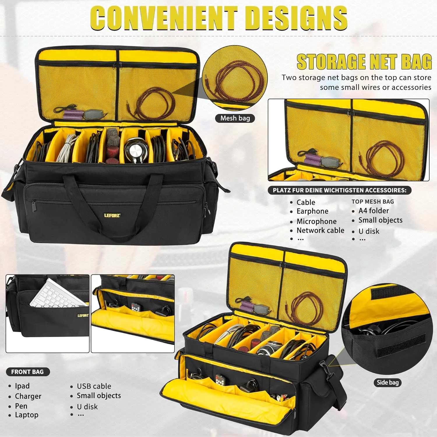 DJ Equipment Gig Bag Cable File Organizer Bag with Detachable Dividers and Padded Bottom,Travel Music Bag for Professional DJ Gear,Sound Equipment, Musical Instrument and Accessories