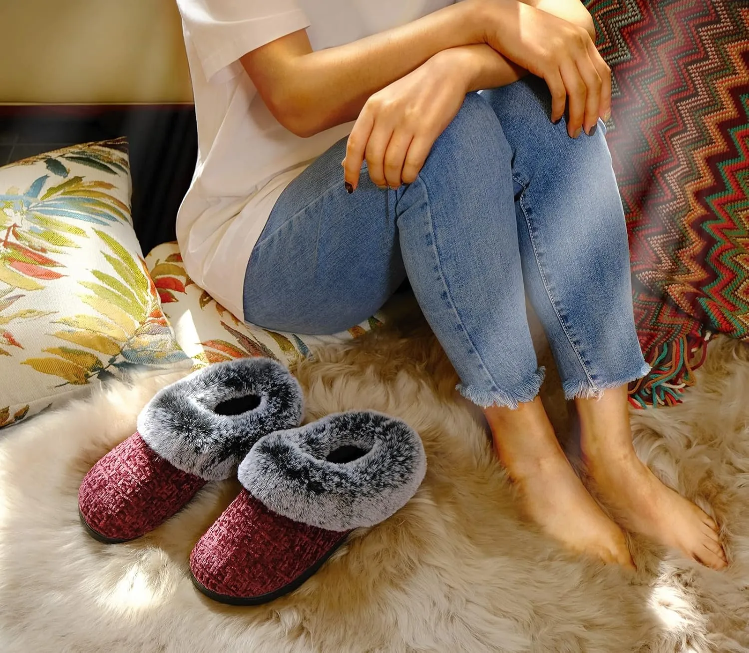 DL Women's Memory Foam Moccasin Slippers Micro Suede with Breathable Faux Fur Lining Slip On House Shoes Micro Indoor & Outdoor