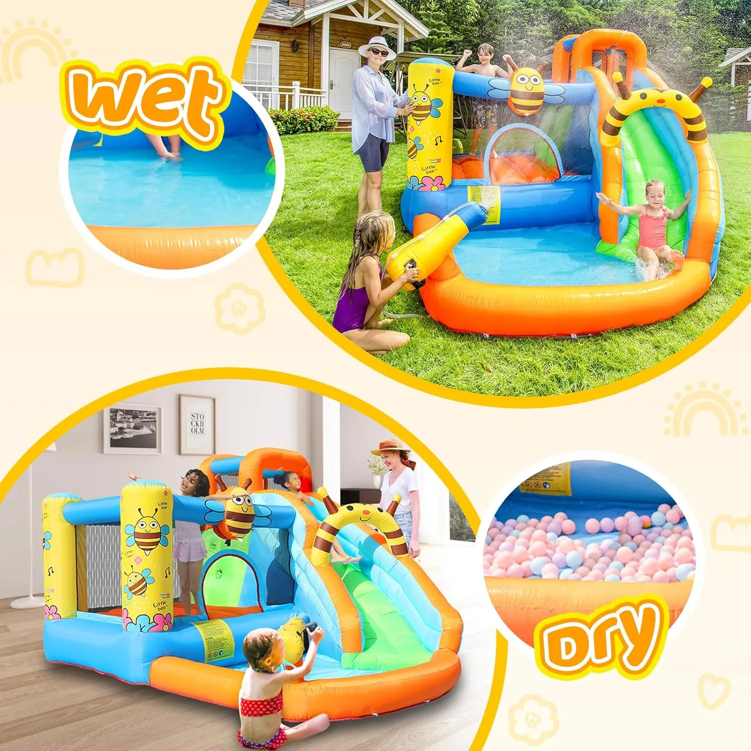 Doctor Dolphin Inflatable Water Slide, Bounce House with Slide for Wet and Dry, Water Bounce House with Blower, Inflatable Water Park Bouncy House for Kids Outdoor Bee Theme Bouncy Castle Water Toy